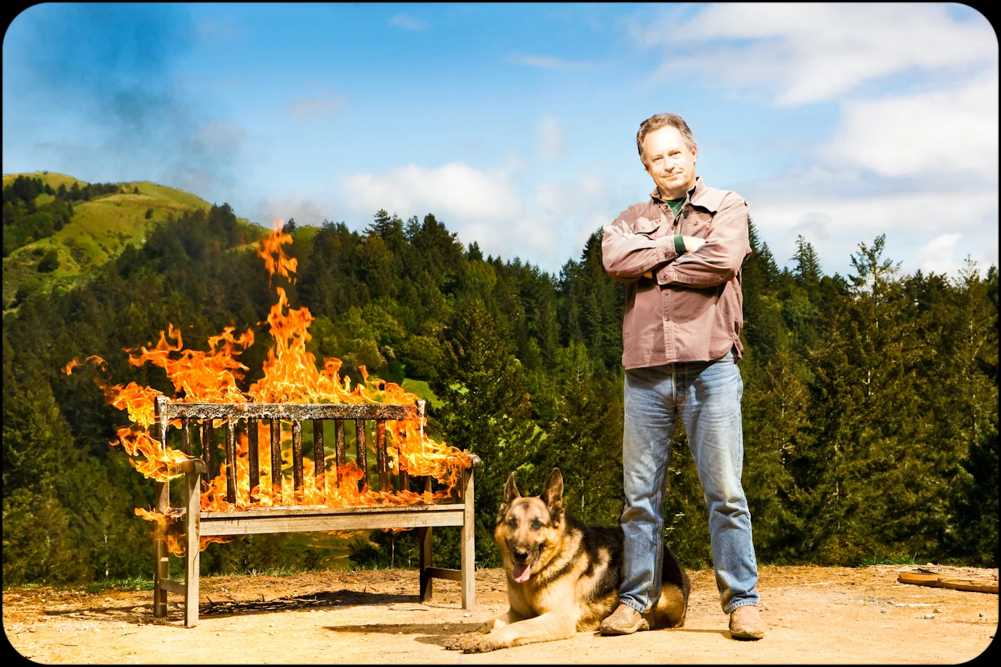 Burning Bench founder beside the signature burning bench